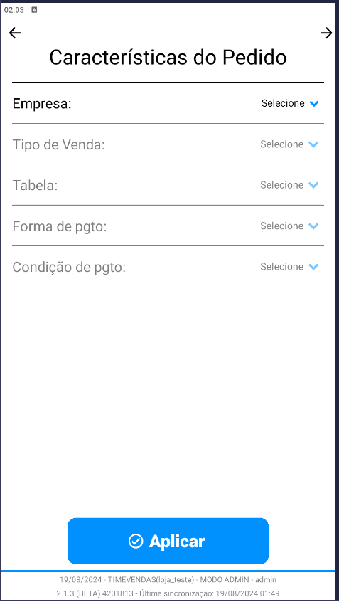 tela de tipo de venda no APP