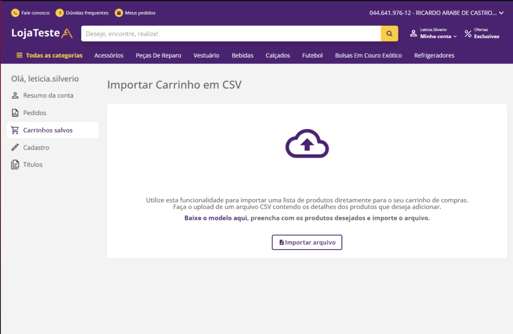 A imagem mostra a pagina inicial de  Importação de carrinho em CSV no B2B