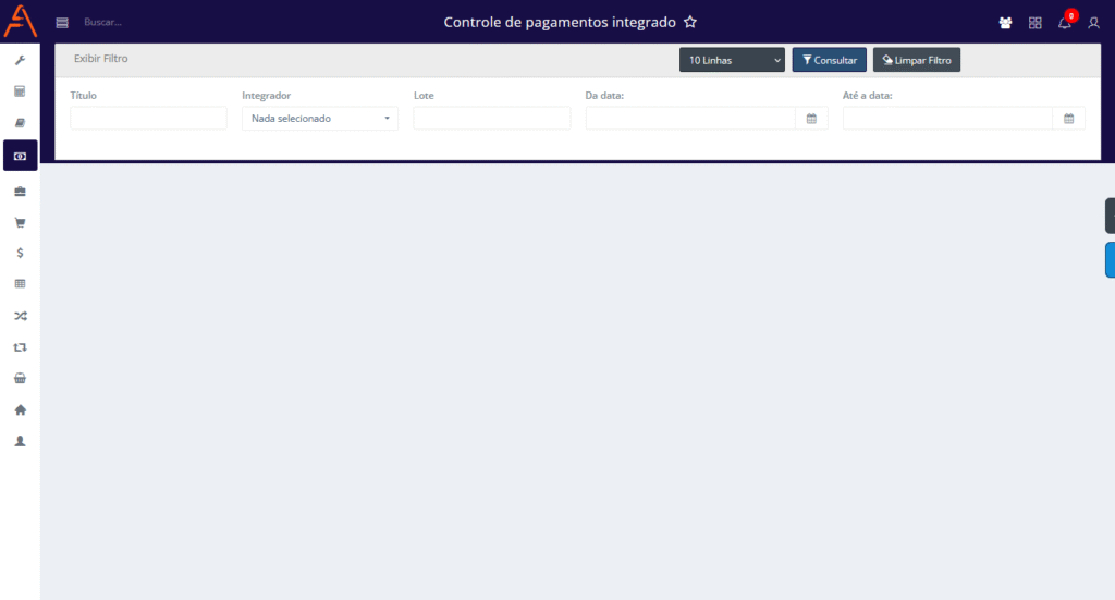 Visão geral da tela Controle de pagamentos integrado